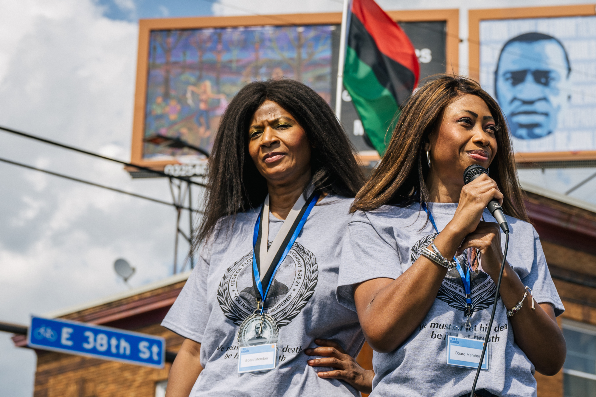 Angela Harrelson, aunt of George Floyd, and Paris Stevens, cousin of George Floyd, speak in Minneapolis, Minnesota on May 25, on the one-year anniversary of Floyd's murder.