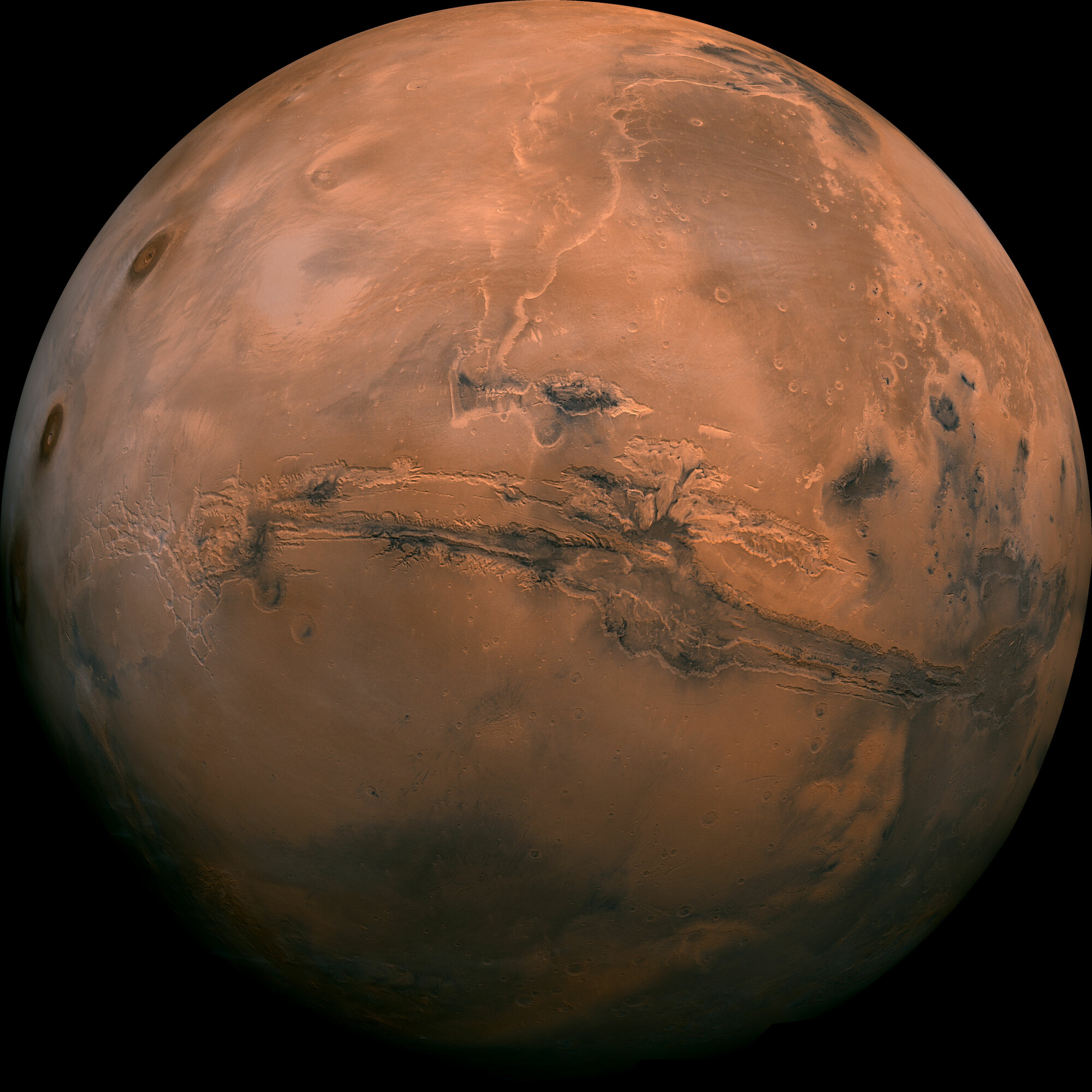 This detailed image of Mars is stitched together from 102 snapshots taken by NASA's Viking Orbiter.
