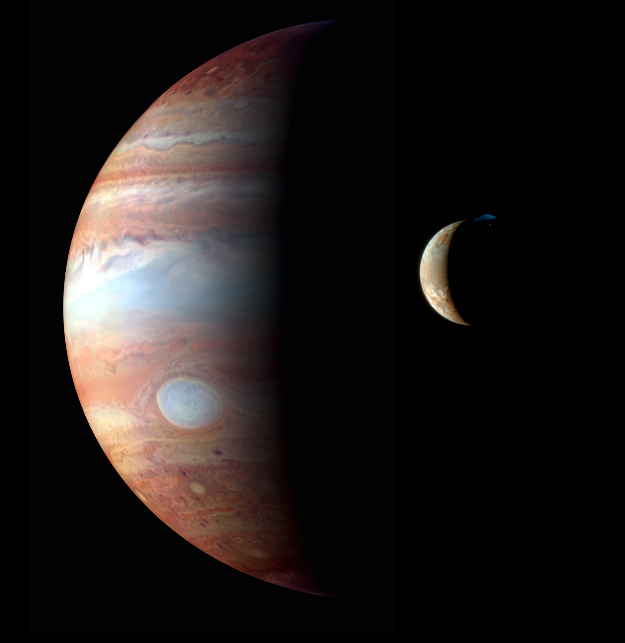 Jupiter and one of its large moons, Io, were captured just a day apart from each other by NASA's New Horizons spacecraft and composed together. The planet's storms cover its gassy, liquidy surface.